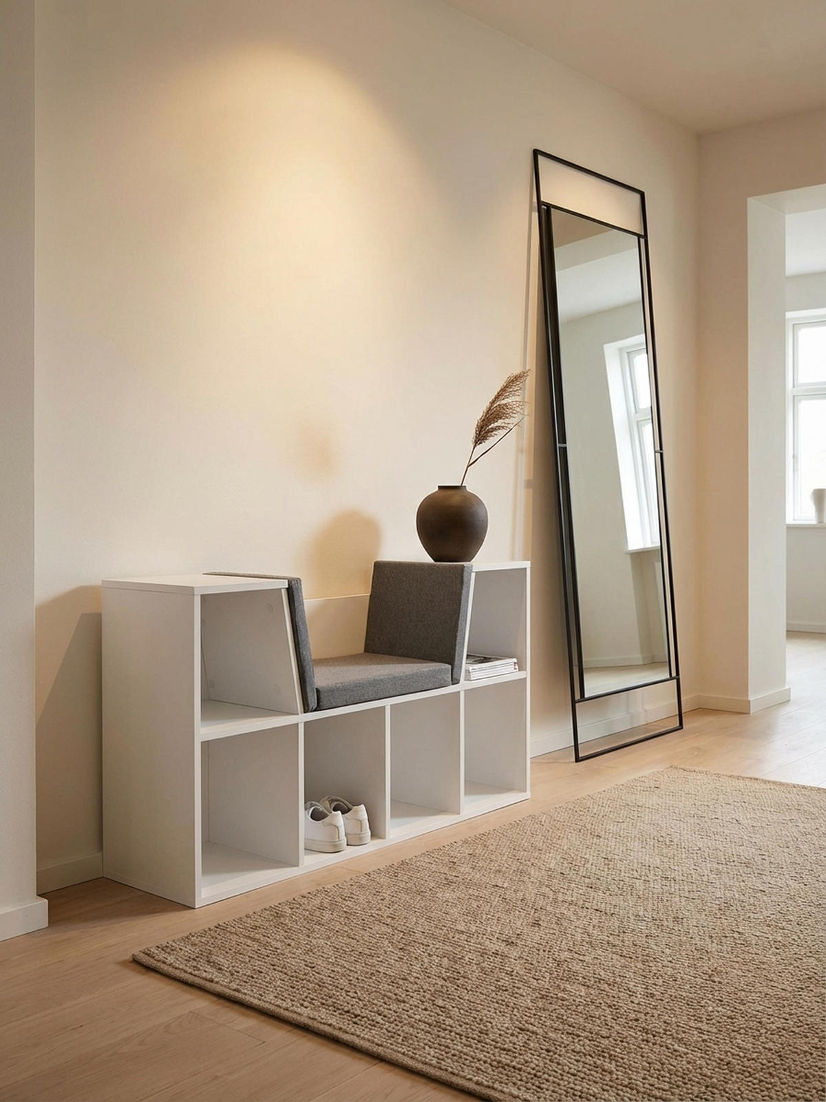 SCHUHBANK – Weiß matt, 101,5x61,5x30 cm, Sitzfläche Grau, 6 Fächer - Weiß/Grau, Holz/Textil (102/62/30cm) - KADIMA DESIGN