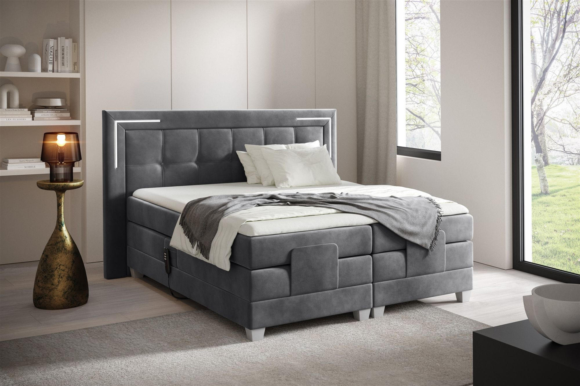 BOXSPRINGBETT Bett Elektrisch Dores - Grau, Holzwerkstoff/Textil (120/200cm) - Fun Möbel