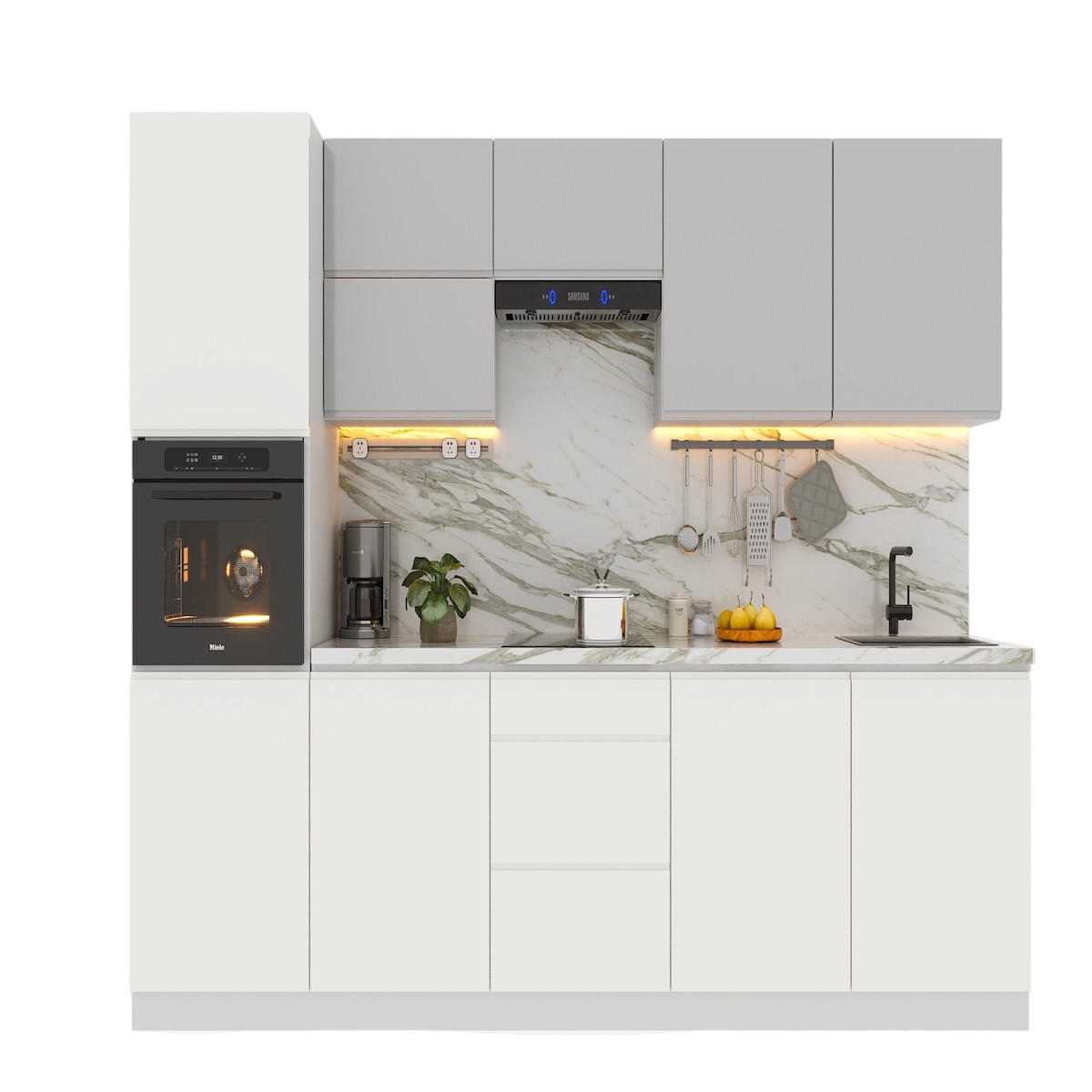 KÜCHENZEILE 300 cm Glanzia – KU-S02 – Weiß / Grau - Weiß Hochglanz/Grau, Holz/Holzwerkstoff (300/212/58cm)