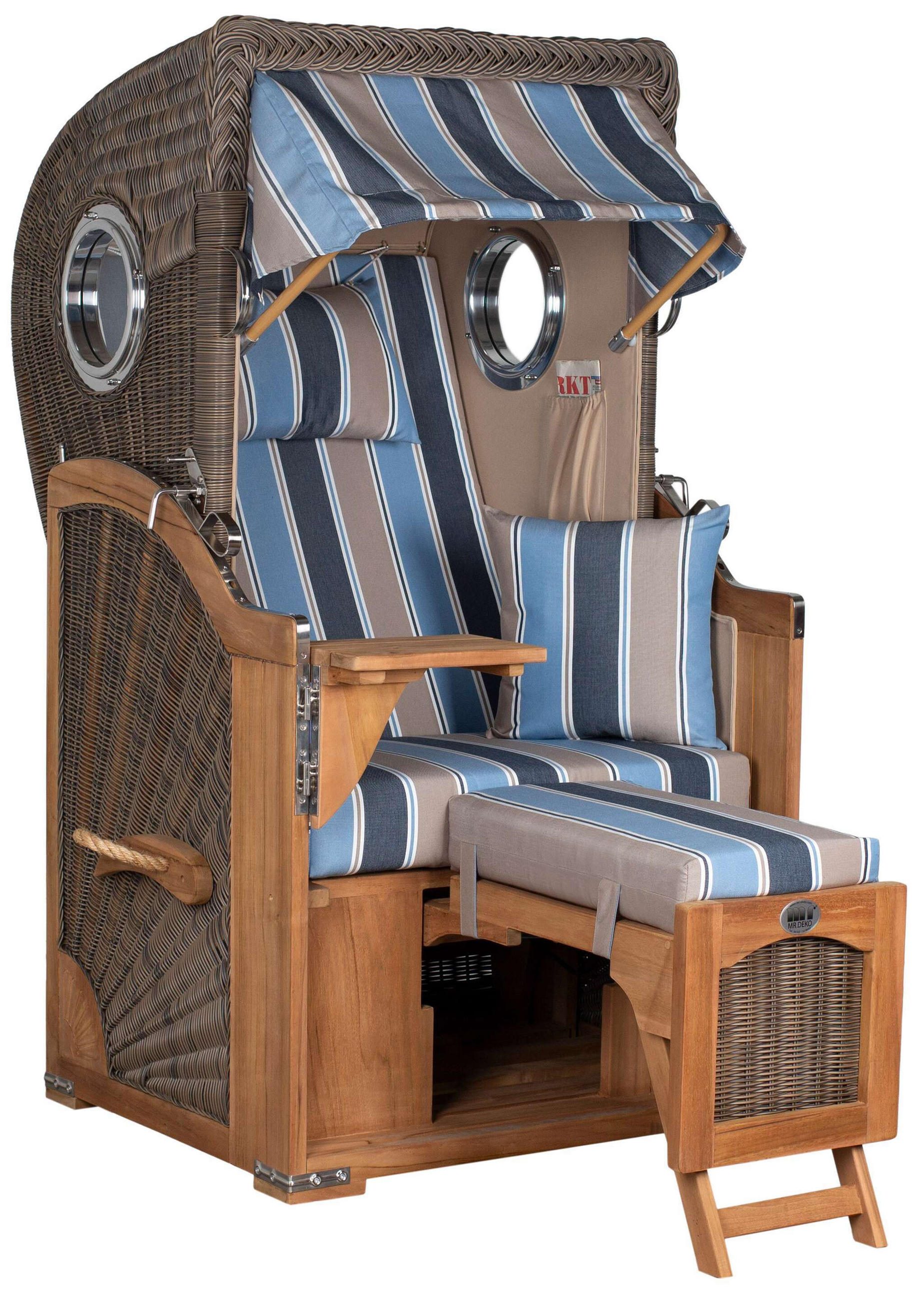 STRANDKORB Düne Single Teak 1-Sitzer - Blau/Braun, Holz/Textil (96/165/80cm) - Mr. Deko