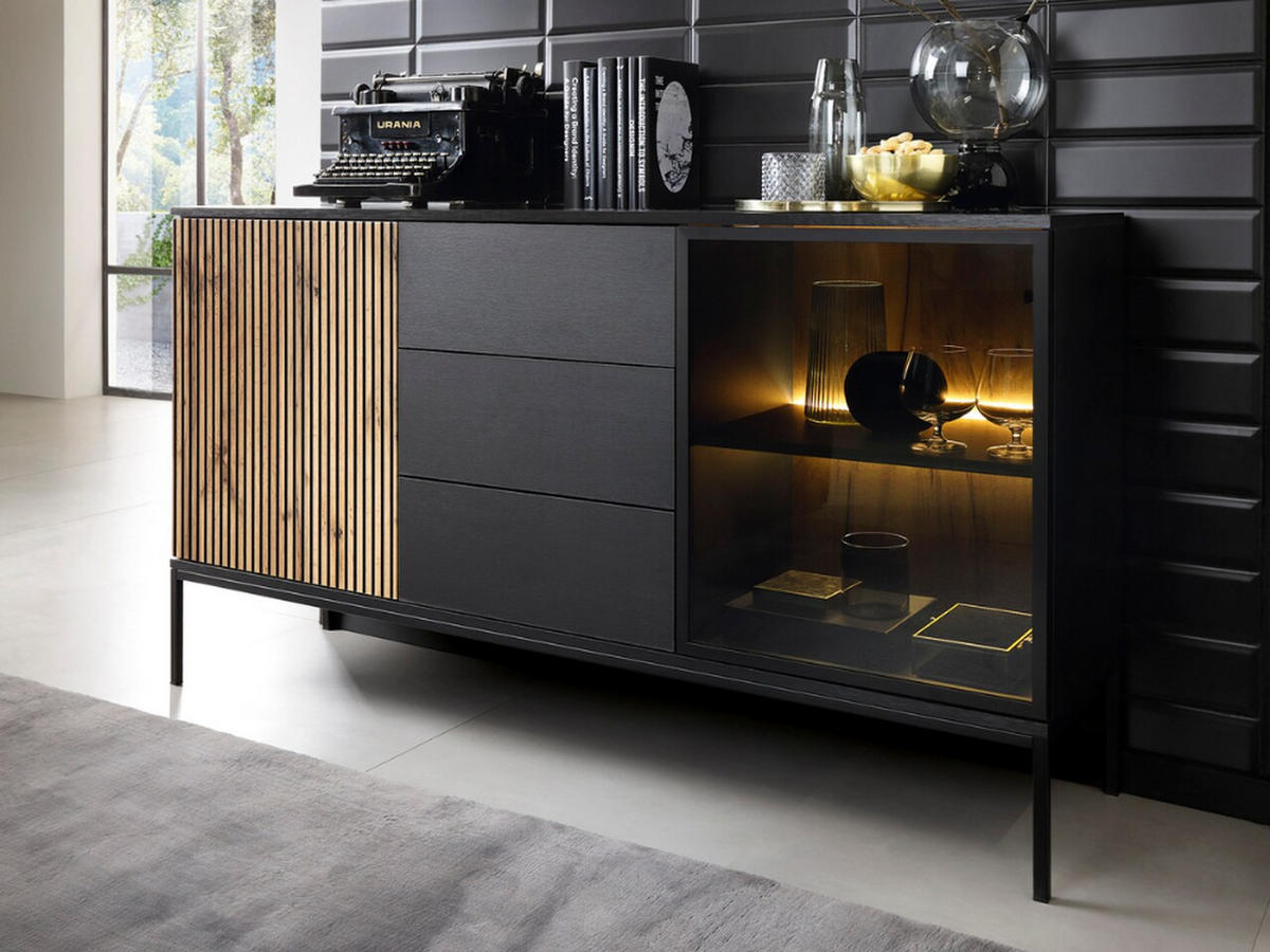 KOMMODE Graphit, Wotan Eichefarben 154/83/39 cm Deo - Eiche Wotan/Schwarz, Naturmaterialien/Glas (154/83/39cm) - Graingold