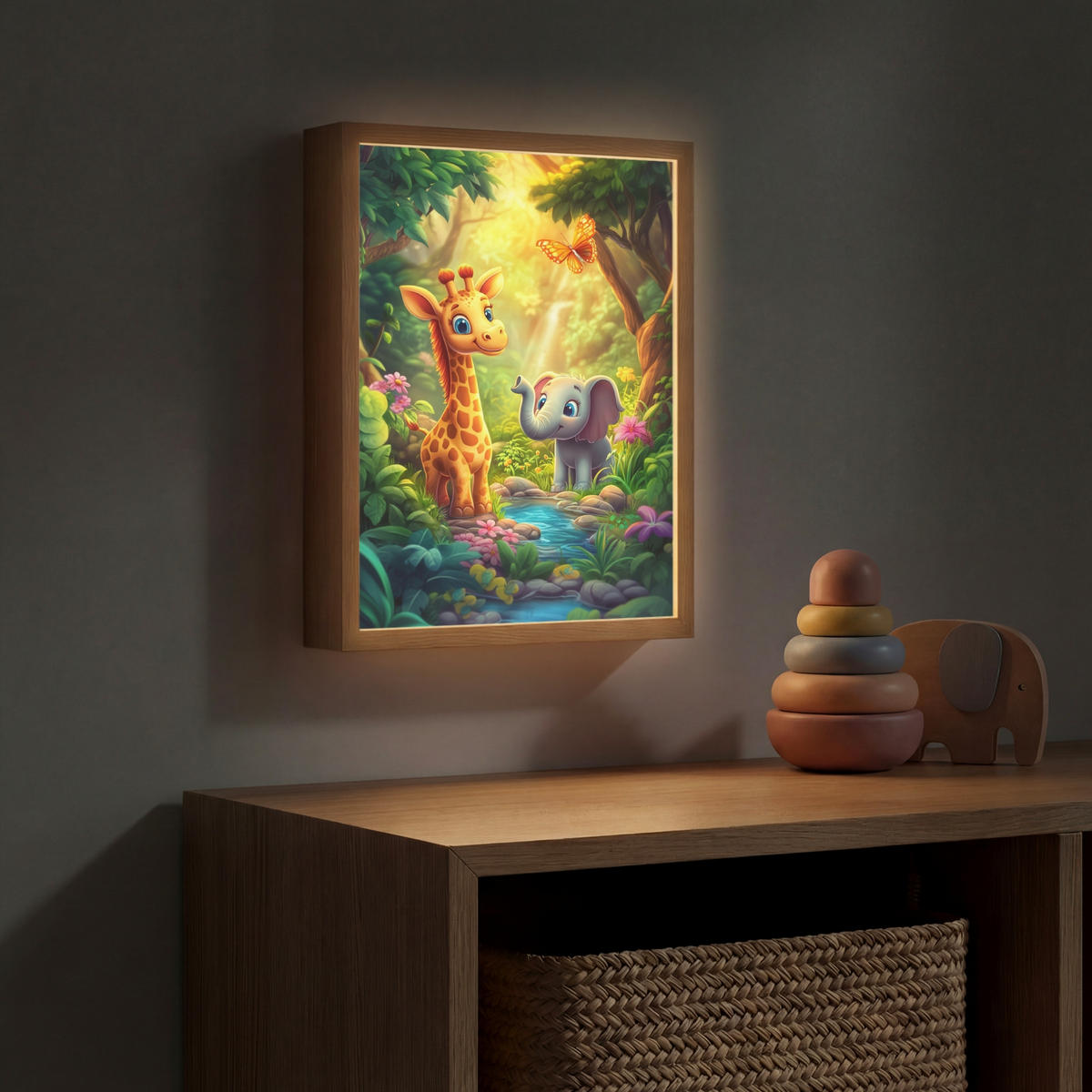 NACHTTISCHLAMPE MIT AKKU Giraffe - Elefant - Blumen - Dschungel 30x40 cm - Grün, Holzwerkstoff (8/30/40cm) - OnlyWow