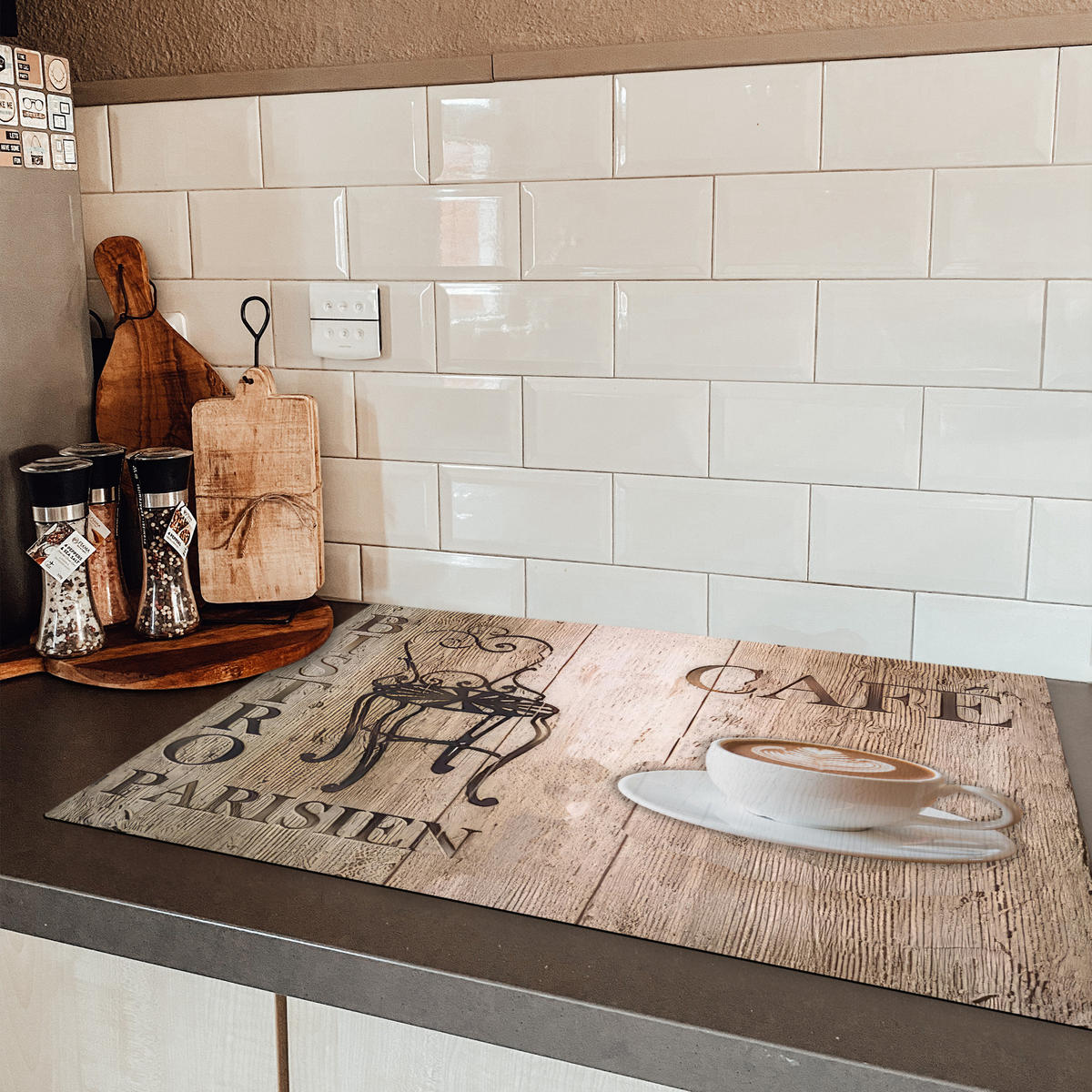 HERDABDECKPLATTE Bistro Parisien - Café - Kaffee - Jahrgang 80x52 cm - Cappuccino, Kunststoff (80.2/0.2/52.2cm) - MuchoWow