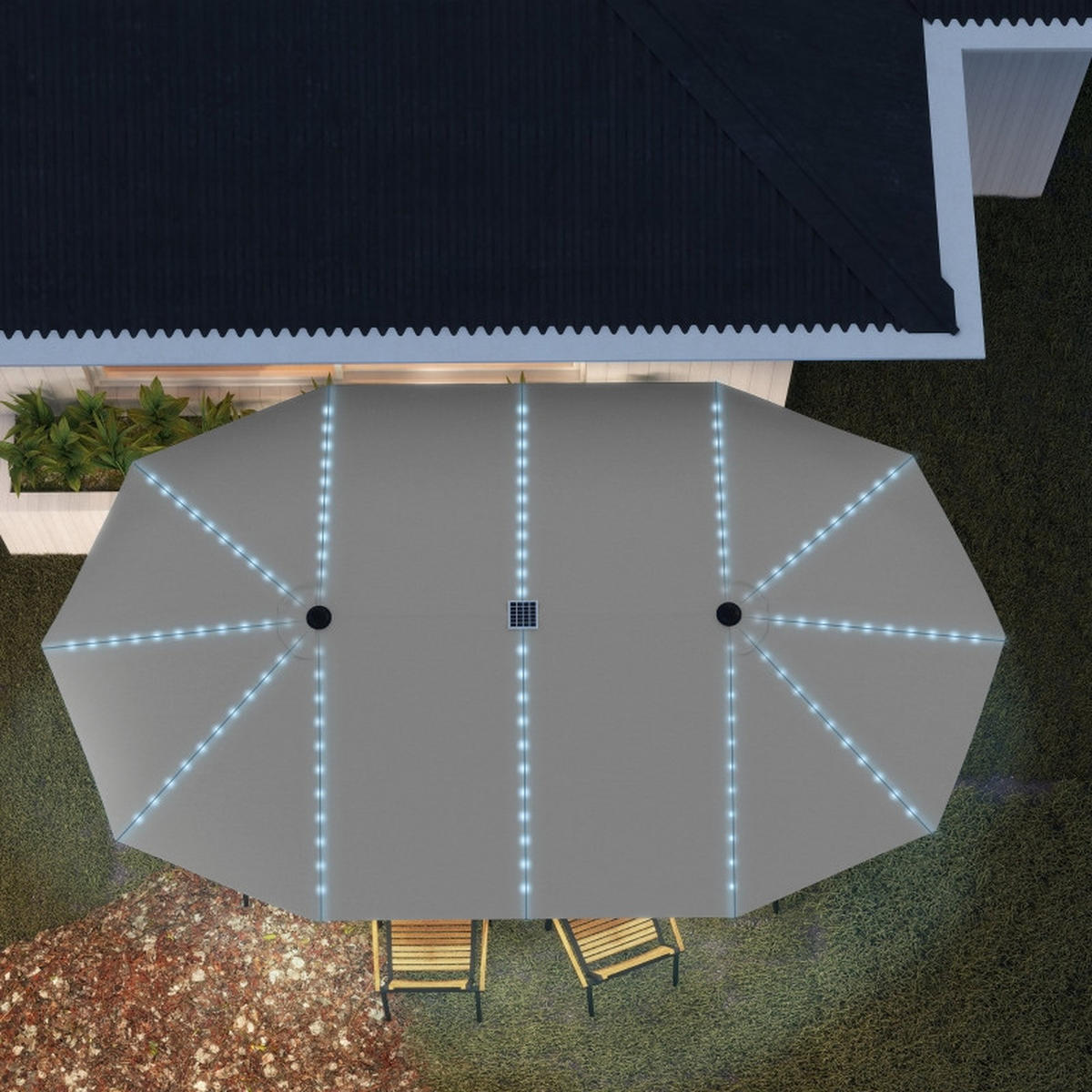 DOPPELSONNENSCHIRM MIT SOLAR-LED, 451 x 267 cm – Dunkelgrau - Grau, Metall (267/451cm) - ComfortXL