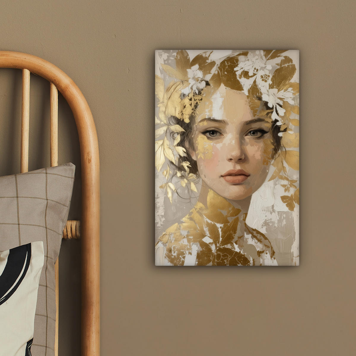 LEINWANDBILD Gesicht - Frau - Blätter - Gold Deko Wohnzimmer 20x30 cm - Beige, Textil (20/30cm) - MuchoWow