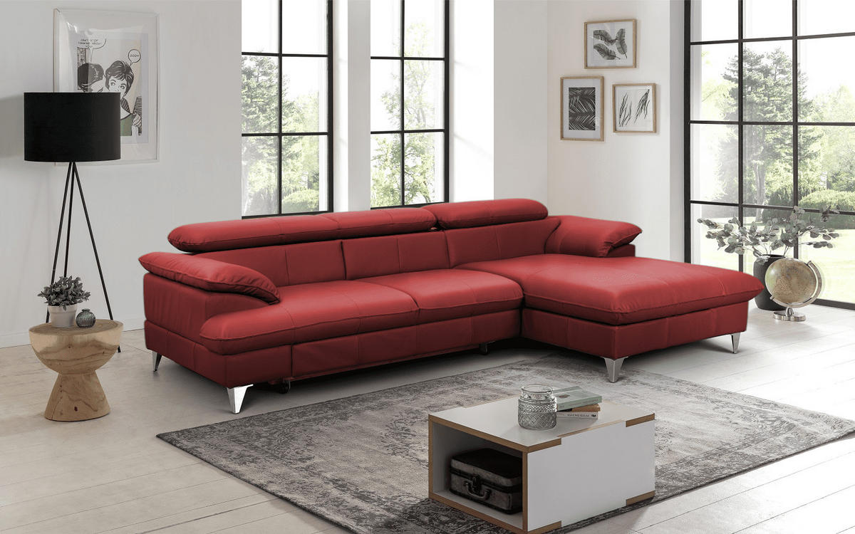 ECKSOFA mit Schlaffunktion und Bettkasten, Echtleder - Chromfarben/Rot, Leder/Holz (167/254cm) - Cotta