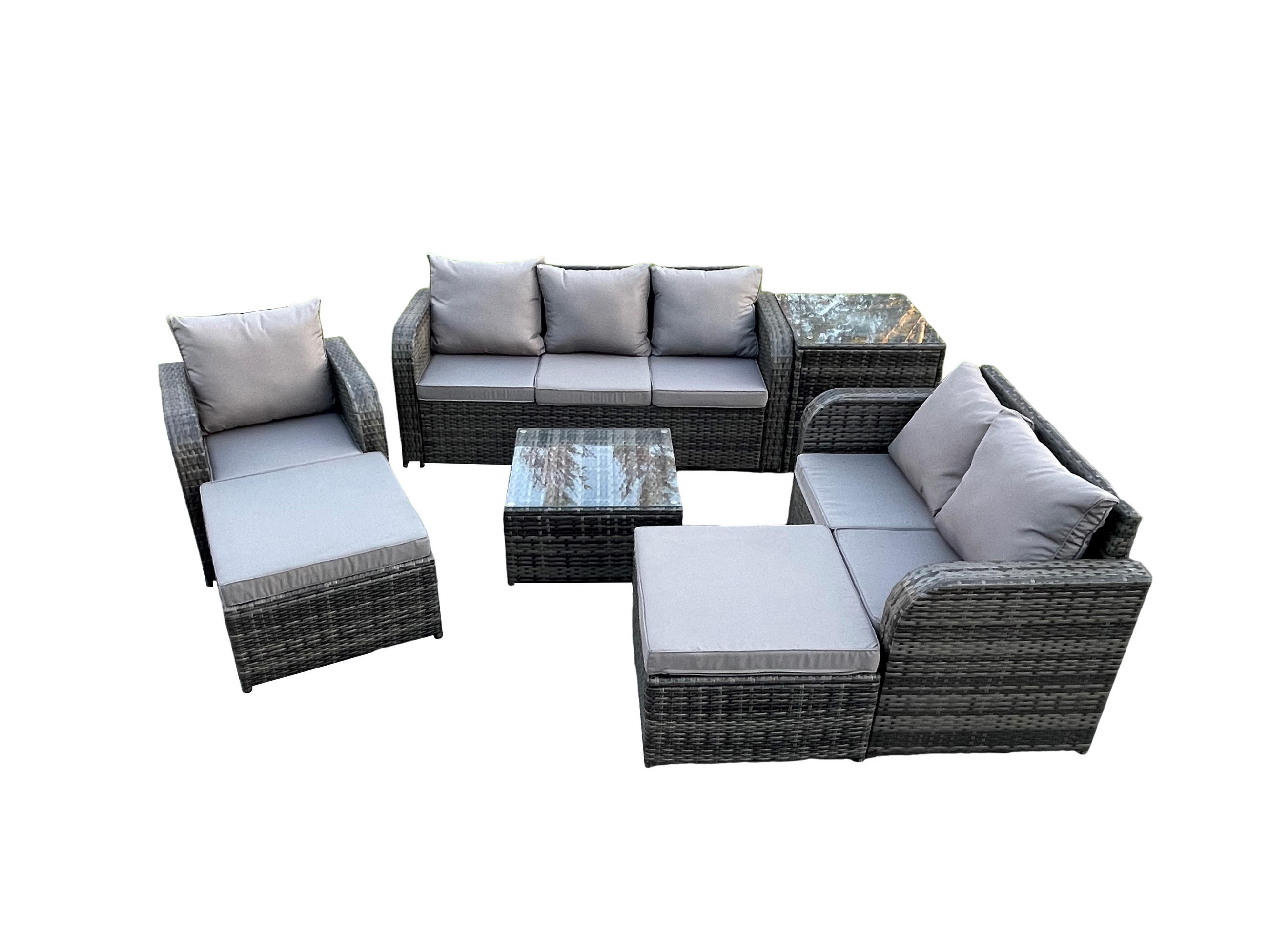 GARTENTISCHGRUPPE Polyrattan Dunkelgrau 7-teilige - Dunkelgrau/Grau, Glas/Kunststoff - Fimous