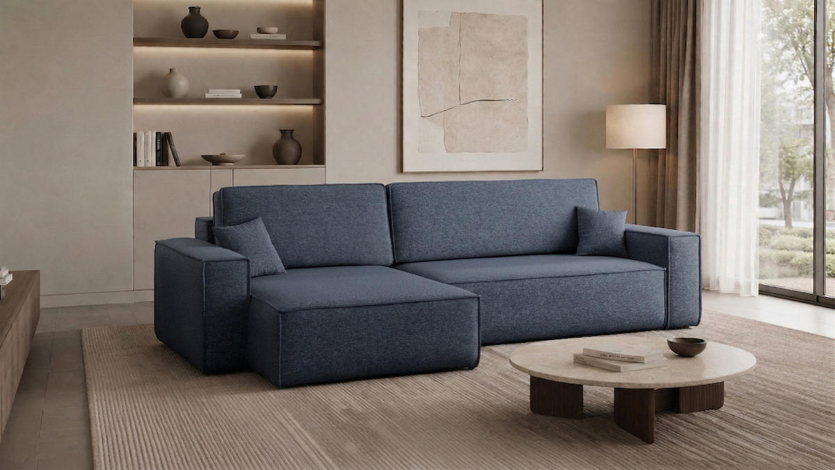 ECKSOFA Mit Schlaffunktion Und Bettkasten, Eckcouch Best XL Stoff Verita Marineblau Links - Dunkelblau, Holz (145/274cm) - Kaiser Möbel