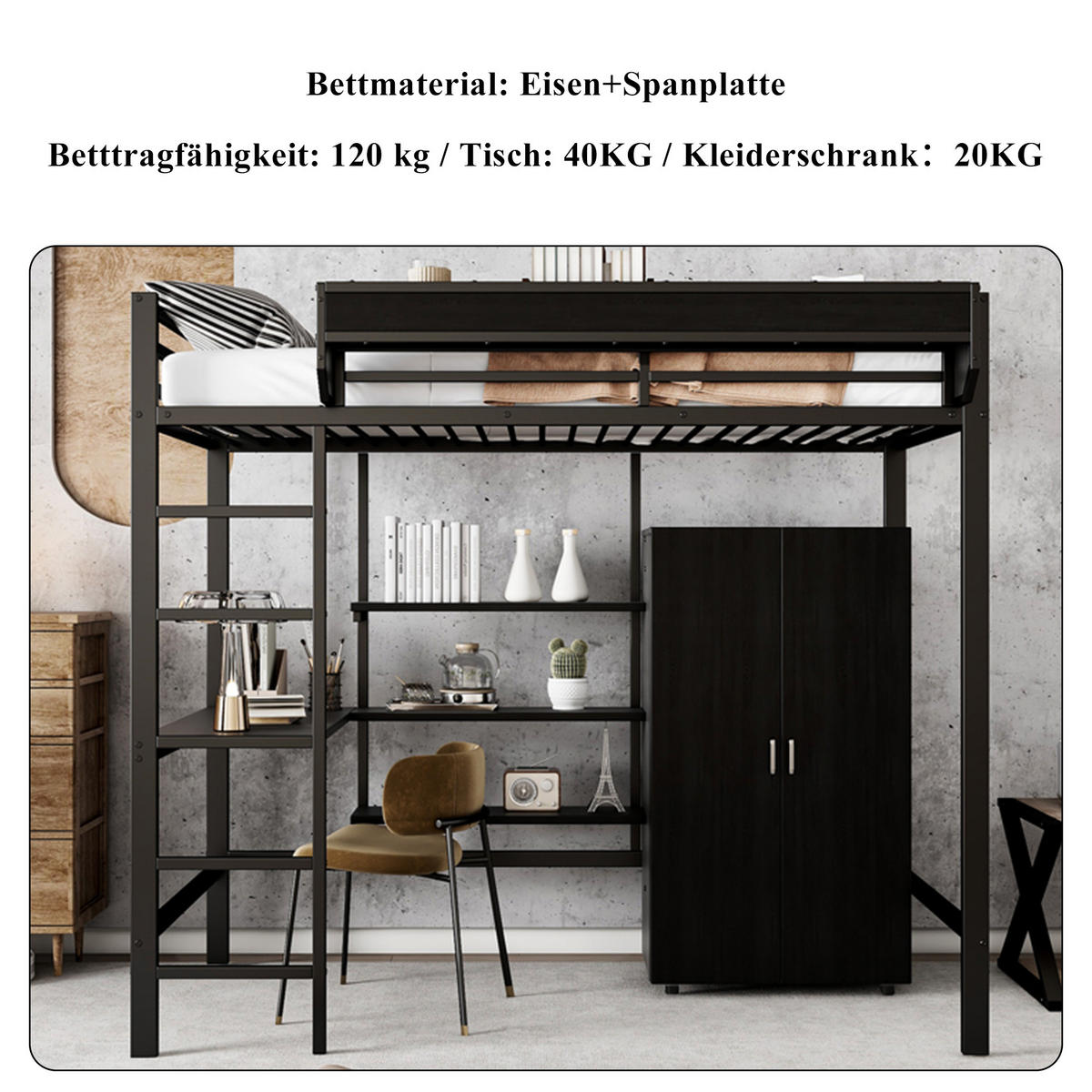 ETAGENBETT 90/200 cm in Schwarz mit Tisch, Kleiderschrank und Regal - Schwarz, Holzwerkstoff/Metall (90/200cm) - CHICFURN