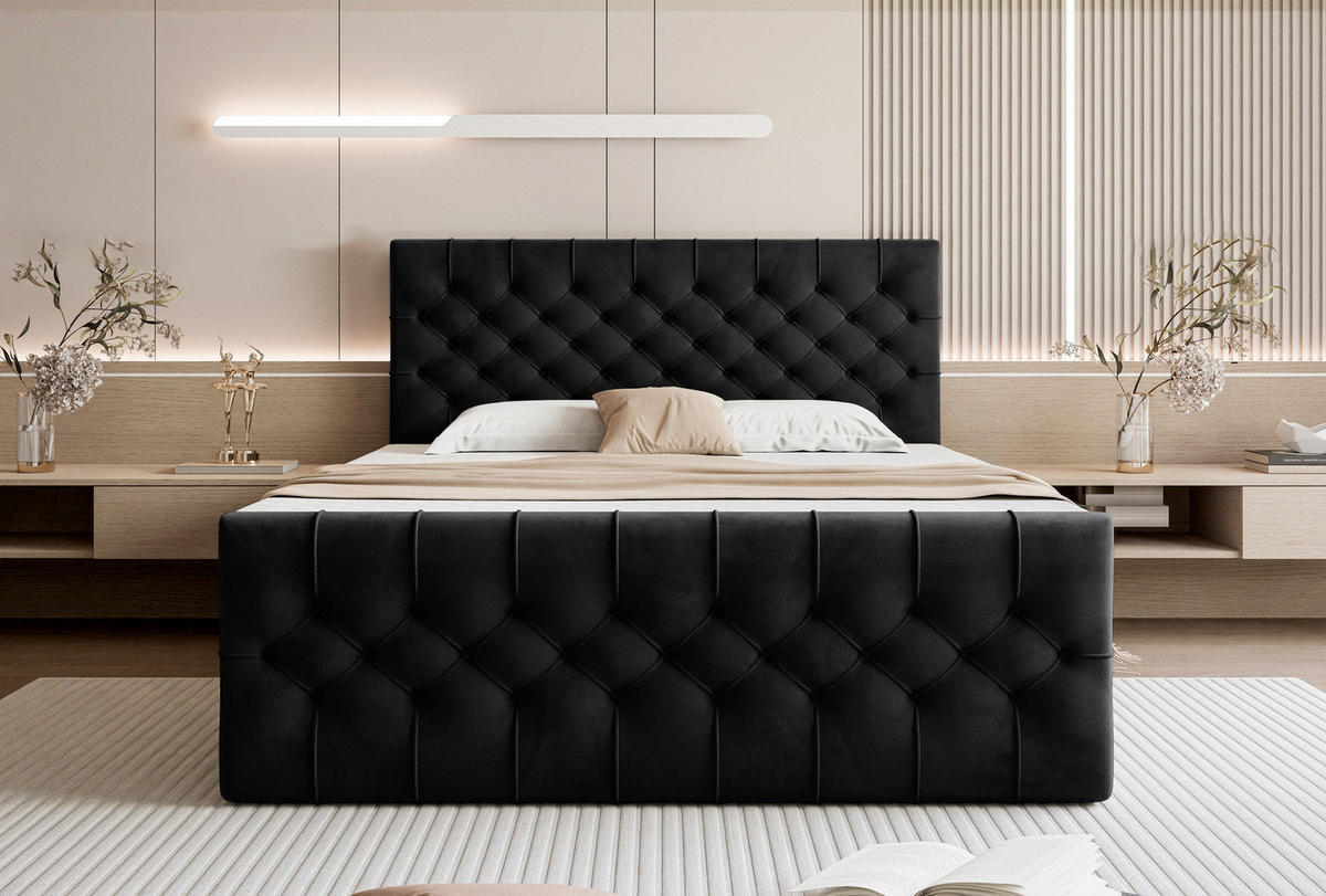 BOXSPRINGBETT Aurora mit Bettkasten, Schwarz Samt 160x200 cm – inkl. H3 Matratze und Topper - Schwarz, Holzwerkstoff/Kunststoff (160/200cm) - WFL GROUP