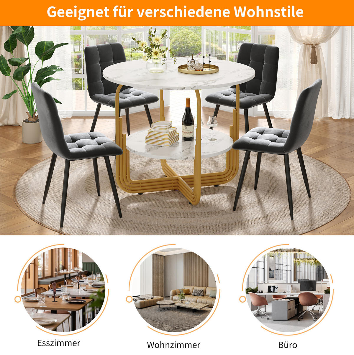 ESSTISCH rund, MDF-Marmoroptik mit Ablagefläche, 80/80/76 cm, Gold - Goldfarben, Holzwerkstoff (80/80/76cm) - Redom