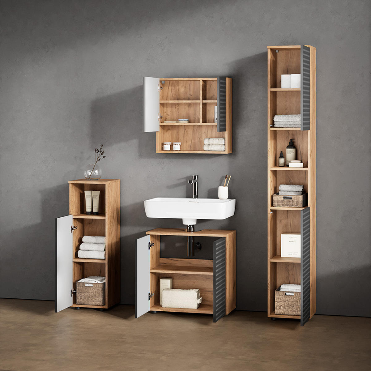 BADMÖBEL-SET Ronco Anthrazit gepunktet 4 Teile, mit Hochschrank - Anthrazit/Eiche Wotan, Holzwerkstoff (80/58.6/41cm) - Livinity®