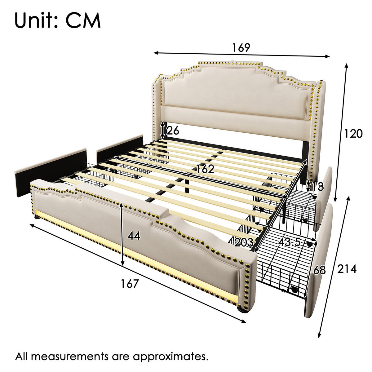 POLSTERBETT 160/200 cm mit 4 Schubladen, LED-Beleuchtung, USB- und Type-C-Anschluss, Samt, Beige - Beige, Leder (160/200cm) - Redom