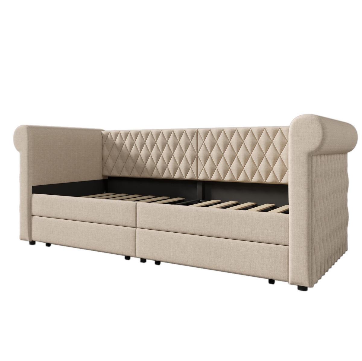 POLSTERBETT 90/200 cm aus Leinen mit 2 Schubladen, Beige - Beige, Textil (90/200cm) - Flora Grace