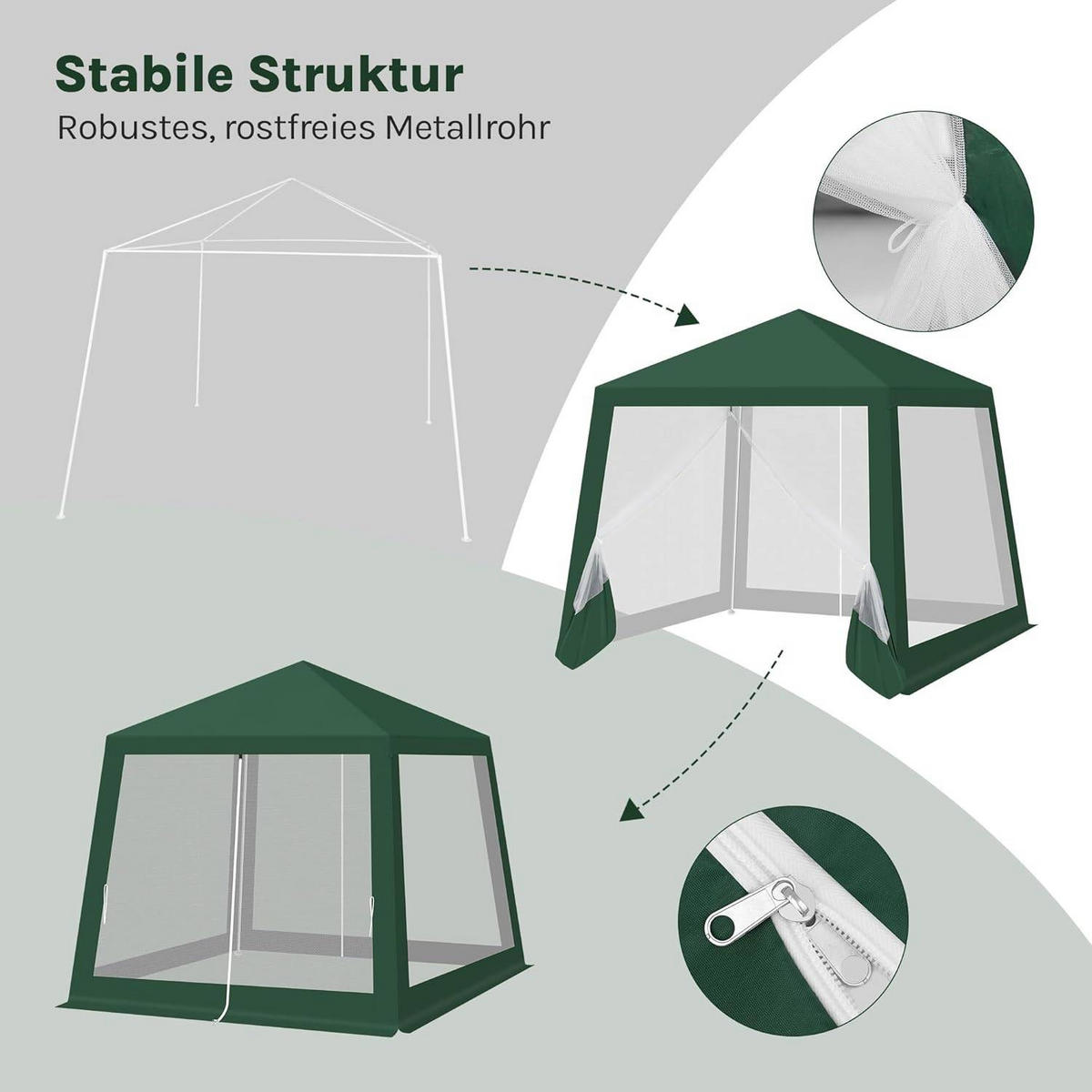 PAVILLON 3x3 m, Gartenpavillon mit Seitenwänden Moskitonetz - Grün, Metall (300/250/300cm) - Woltu