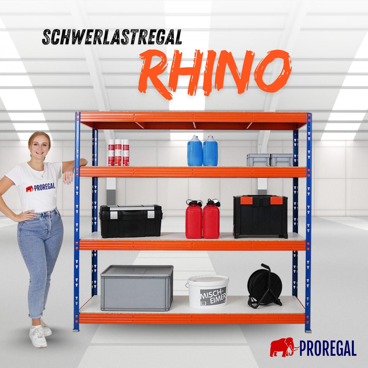 SCHWERLASTREGAL Rhino 180x200x60 cm 4 Melamin-Ebenen 16mm Fachlast 500 kg Blau/Orange - Blau/Orange, Metall (200/180/60cm) - PROREGAL