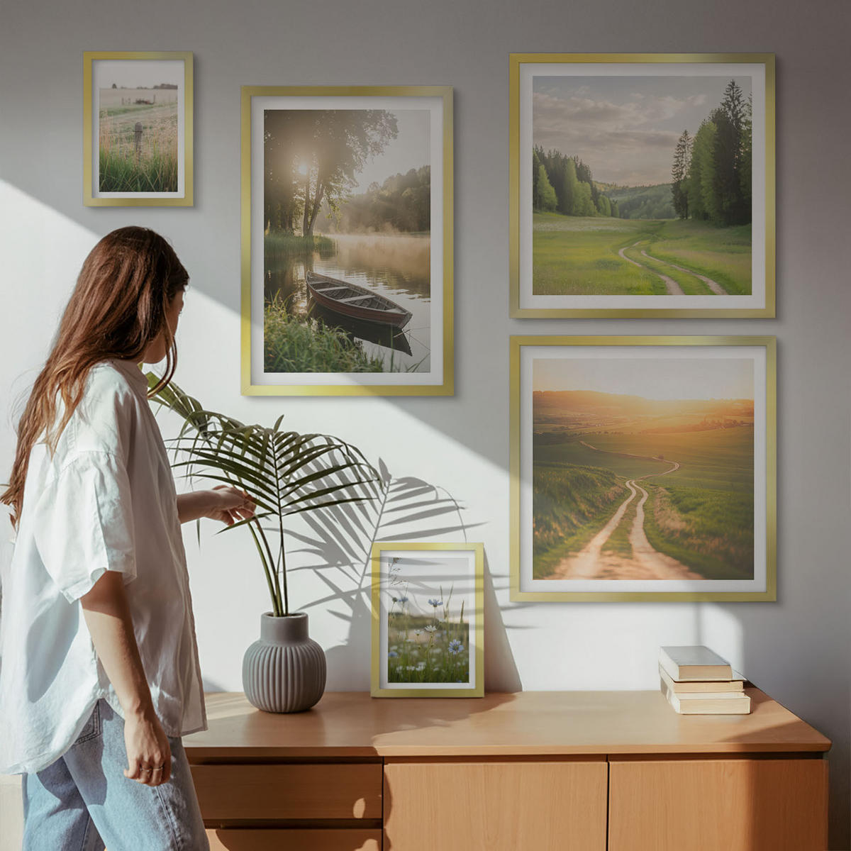 BILDER SET 5er Set - 50x50 cm & 20x30 cm & 40x60 cm Goldrahmen - Landschaftswiesenstraße West - Goldfarben, Kunststoff (40/60cm) - TULUP