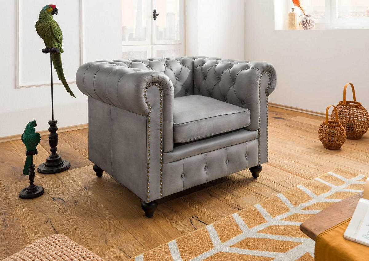 SESSEL Echtleder 105x82x75 grau CHESTERFIELD #202 - Grau, Leder (105/75/82cm) - Massivmoebel24