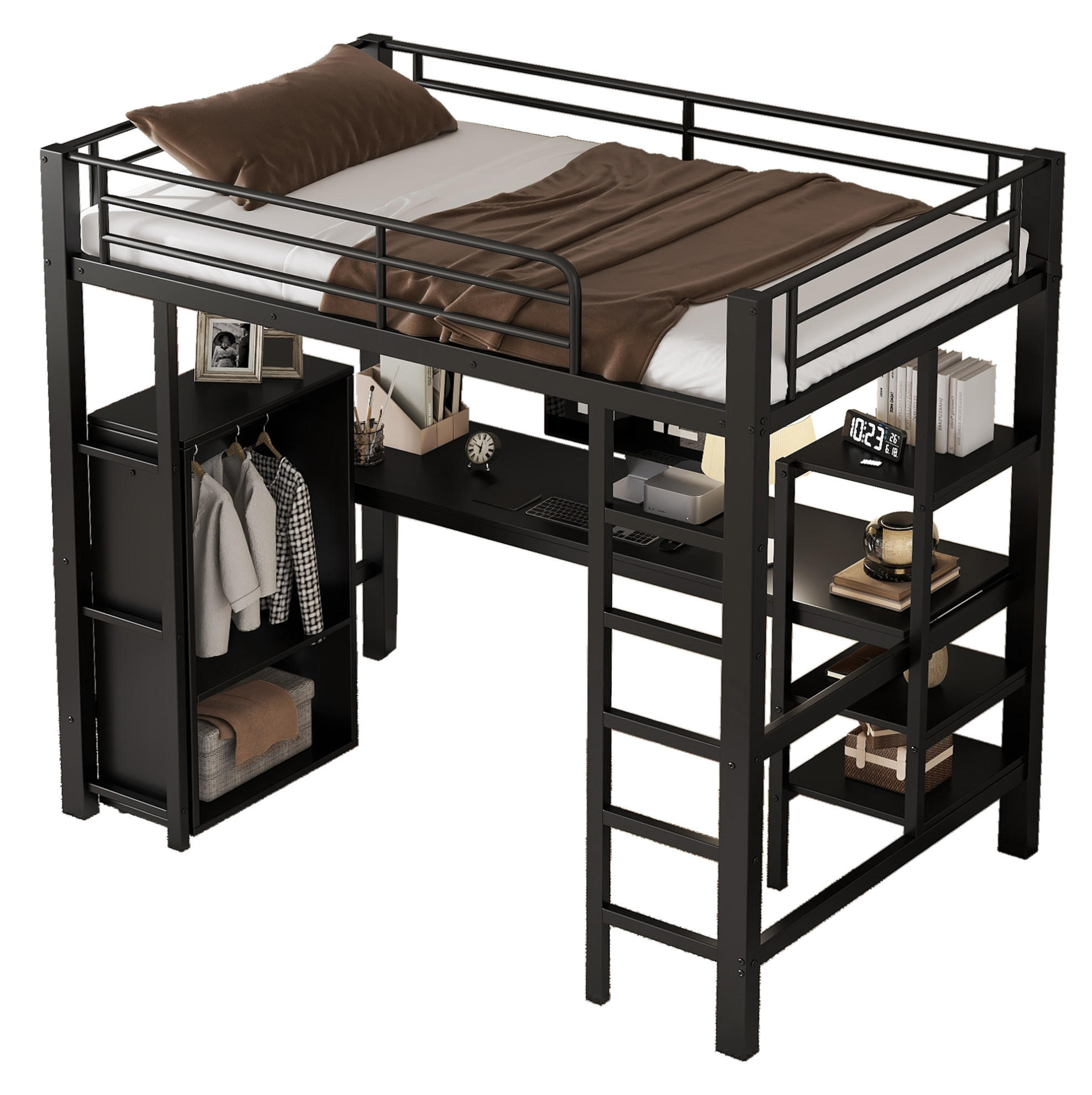 ETAGENBETT 90/200 cm in Schwarz mit Schreibtisch und Kleiderschrank - Schwarz, Metall (90/200cm) - OKMYHOME