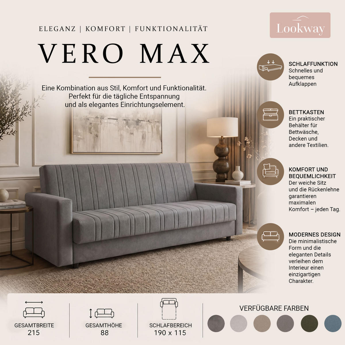 SCHLAFSOFA VERO MAX mit Schlaffunktion Castel 74 - Blau, Textil (191/88/90cm) - Lookway