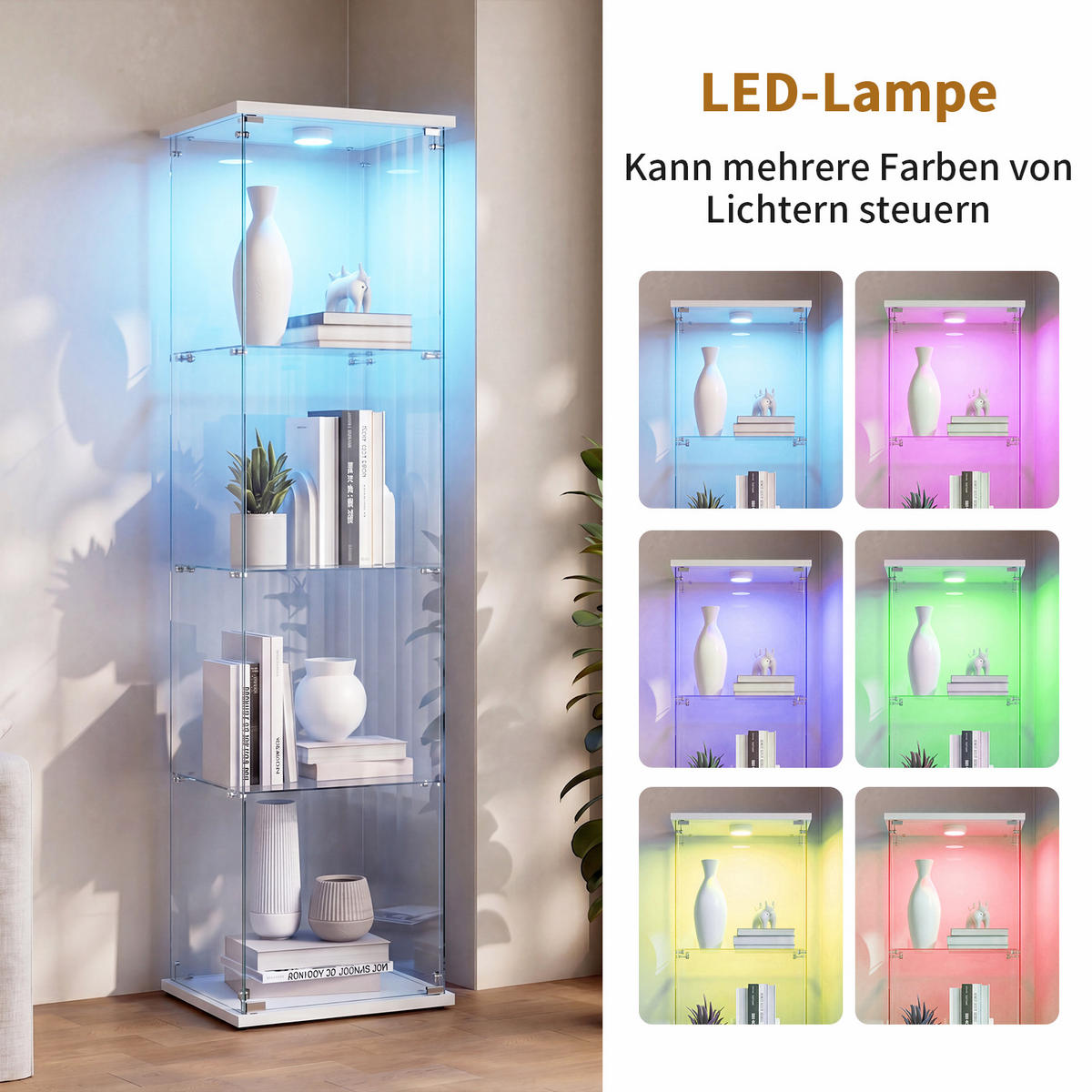 VITRINENSCHRANK Glasvitrine led Weiß mit 1 Tür und 4 Etagen, mit Schloss und Spiegeleffekt,164cm - Weiß, Glas (36.5/164/42.5cm) - BPKADHY
