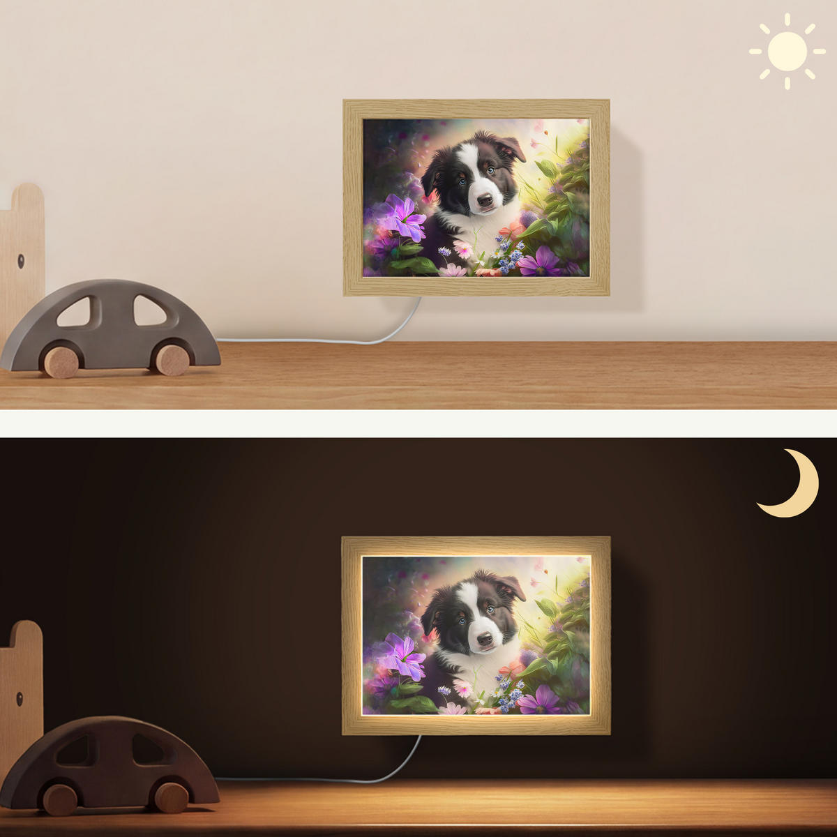 NÁSTĚNNÁ LAMPA Štěně - Slunce - Květiny - Příroda - Border kolie - Pes 20x15 cm - fialová, kompozitní dřevo (20/15/8cm) - OnlyWow