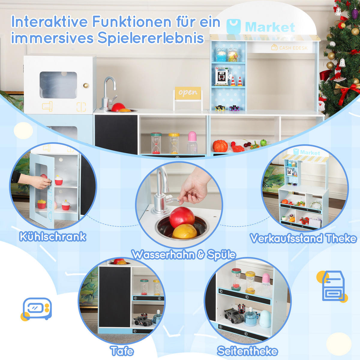 KINDER Kaufladen Spielset Blau – mit Regal, Kühlschrank, Kreidetafel & Zubehör, Holz/Kunststoff, Lernspielzeug ab 3 Jahren - Blau, Holzwerkstoff (155/30/107.5cm) - Ej. Life