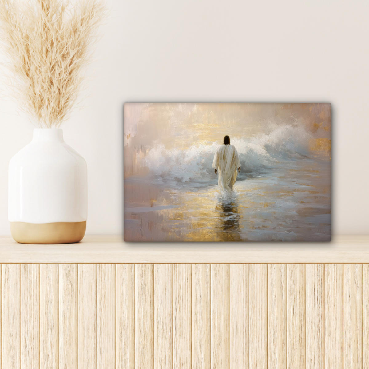 LEINWANDBILD Gemälde - Welle - Jesus - Abstrakt Deko Schlafzimmer 30x20 cm - Goldfarben, Textil (30/20cm) - MuchoWow