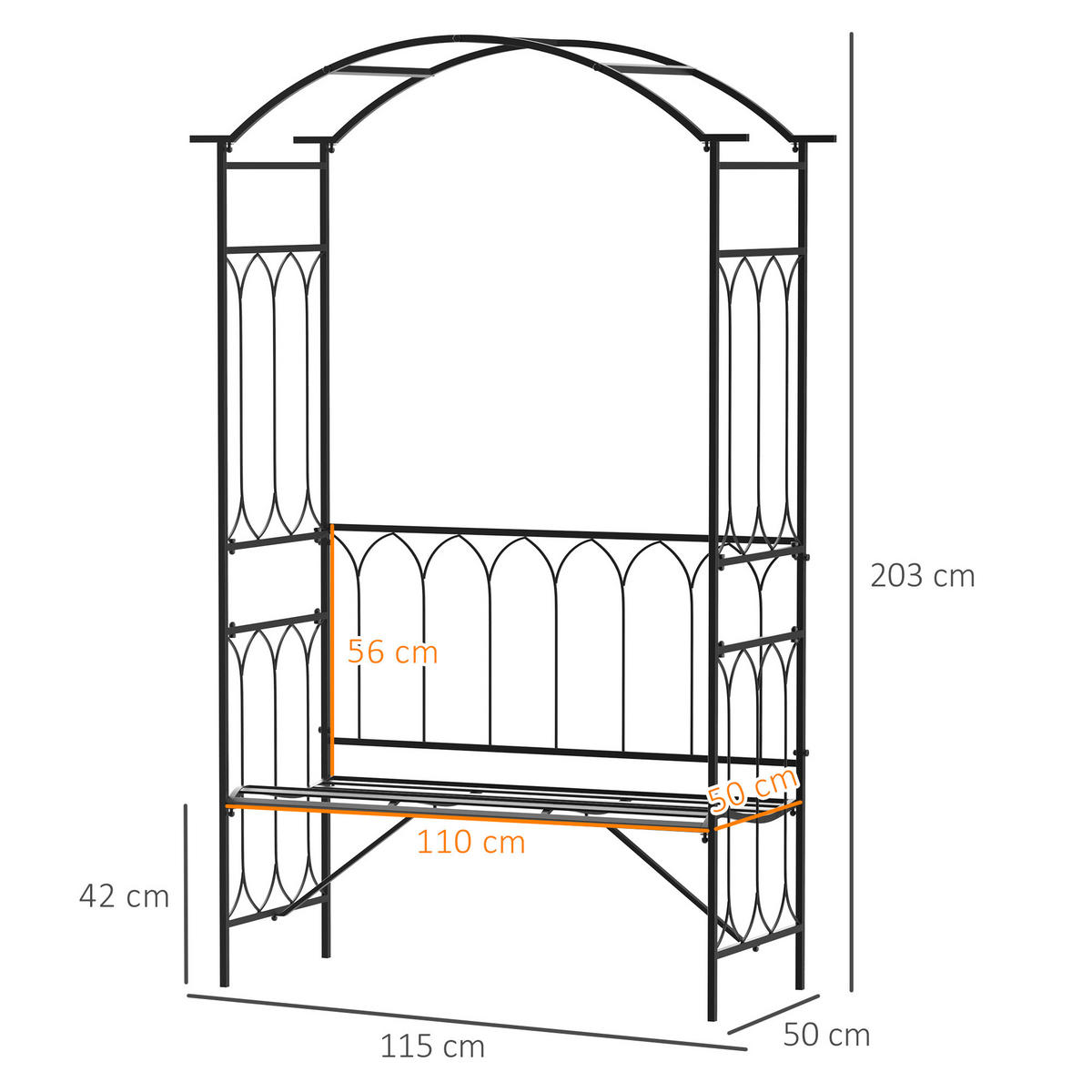 ROSENBOGEN mit Bank, 115 x 50 x 203 cm, Metall, Schwarz - Schwarz, Metall (115/203/50cm) - Outsunny