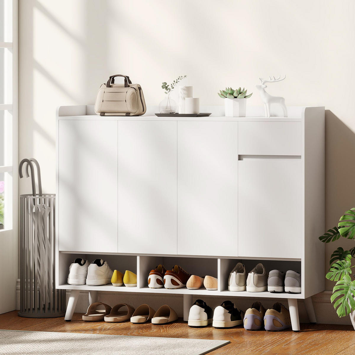 SCHUHSCHRANK mit 4 Tür, Druck zum Öffnen-Design Verstellbaren Ablagen, Schublade - Weiß, Holz/Holzwerkstoff (35/100/120cm) - HOMCOM