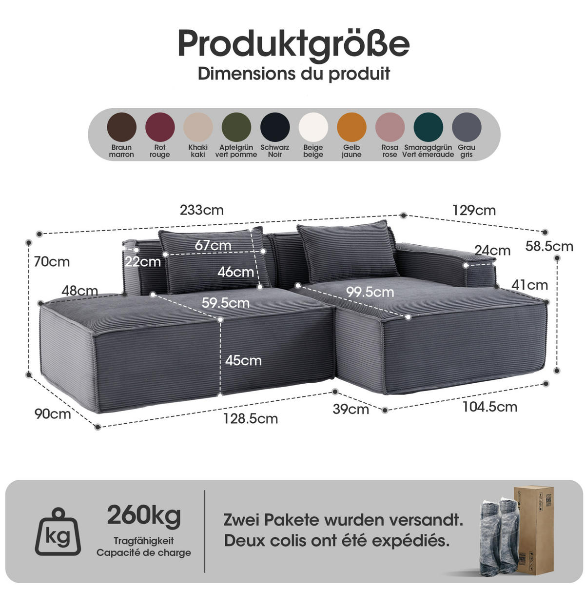 SOFA kompaktes Design 235 cm Polyester Grau - Grau, Textil (129/235cm) - Meubliv