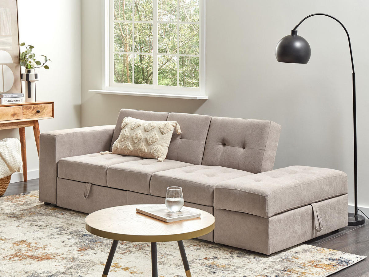 CANAPEA EXTENSIBILĂ cu 3 locuri textil maro deschisă cu spațiu de depozitare Falster - maro deschis, material textil (210/75/94cm) - Beliani