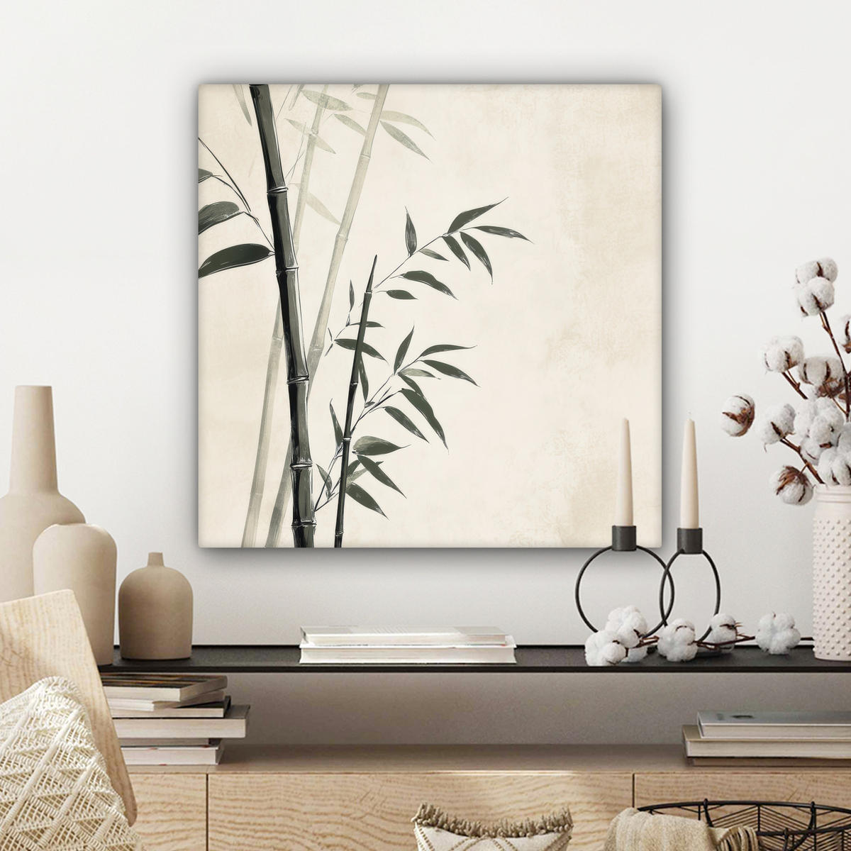 LEINWANDBILD Japandi - Bambus - Beige Wandbild Wohnzimmer 50x50 cm - Eukalyptusholzfarben, Textil (50/50cm) - MuchoWow