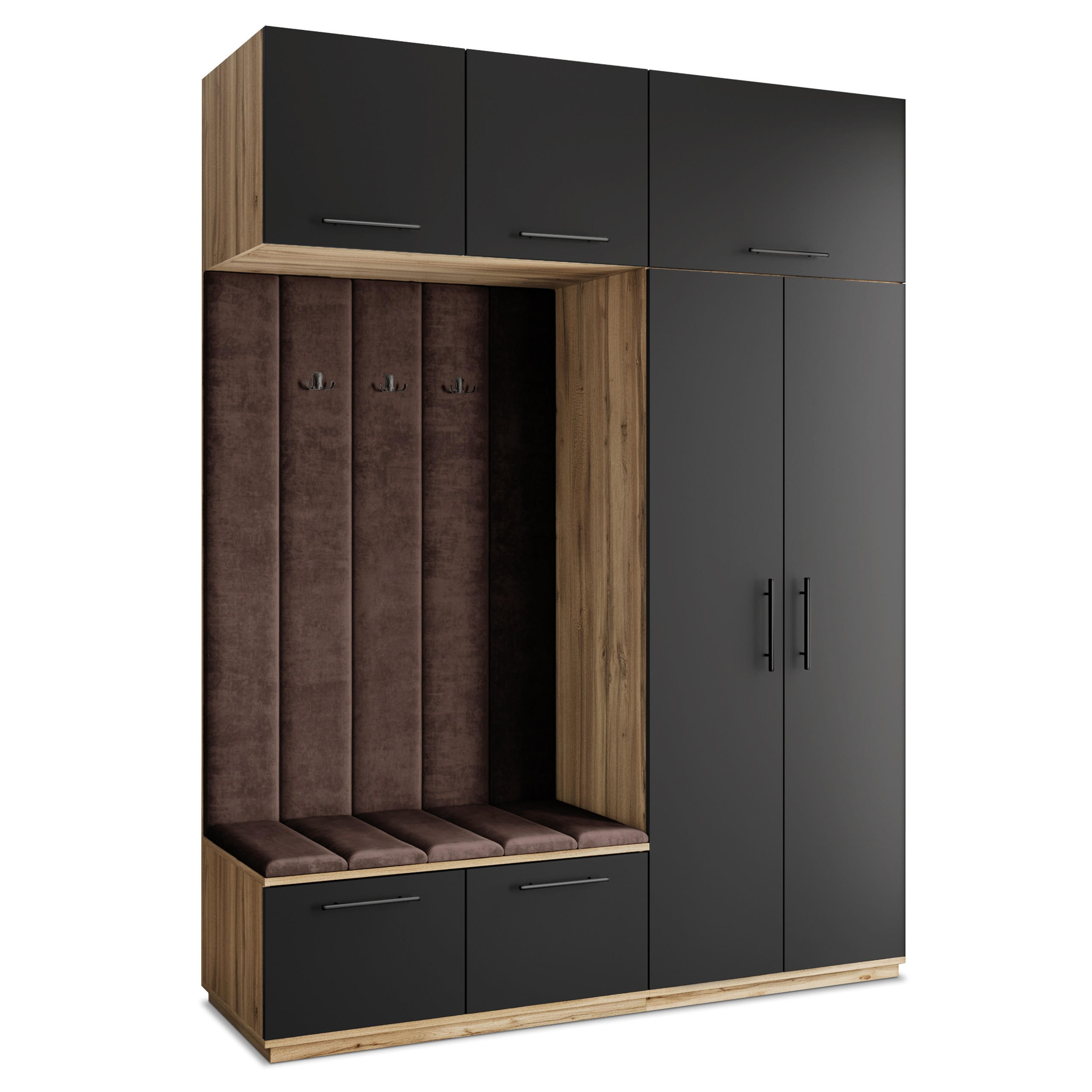 Masseno Garderobenschrank Eiche Wotan, Schwarz, Braun 180x240x60 cm