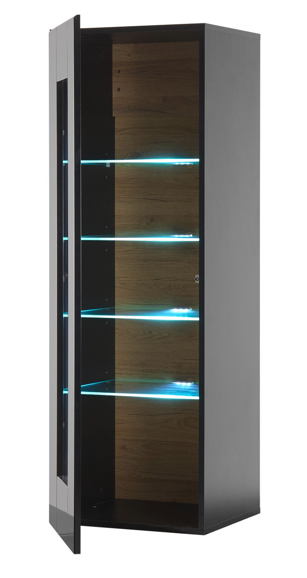 VITRINE schwarz Hochglanz, Grandson Eiche, Vitrinenschrank hängend, stehend 45 x 131 cm - Schwarz Hochglanz/Eichefarben, Glas/Holzwerkstoff (45/131/38cm) - Furn.Design