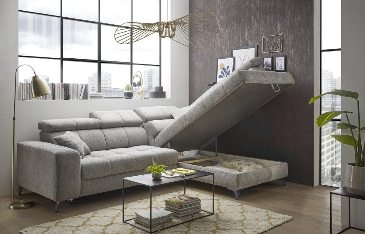 ECKSOFA mit Schlaffunktion und Bettkasten, Luxus-Mikrofaser - Taupe/Schwarz, Textil/Metall (198/282cm) - ed exciting design