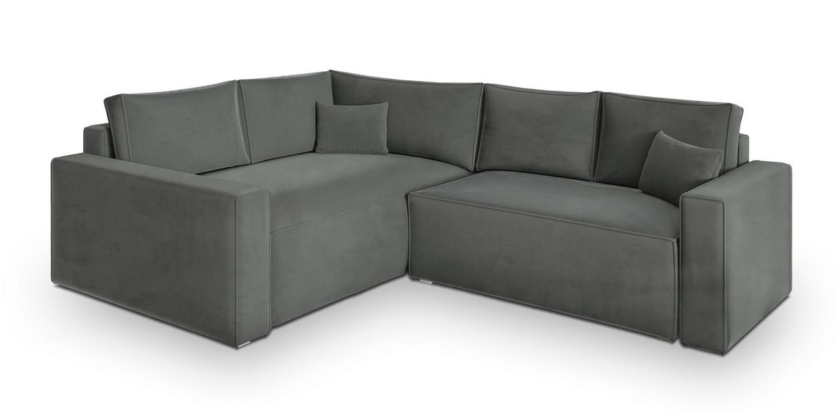 ECKSOFA ERONIS L-S Grau Velours-Stoff mit Schlaffunktion - Grau, Holz (265/194cm) - MASSENO