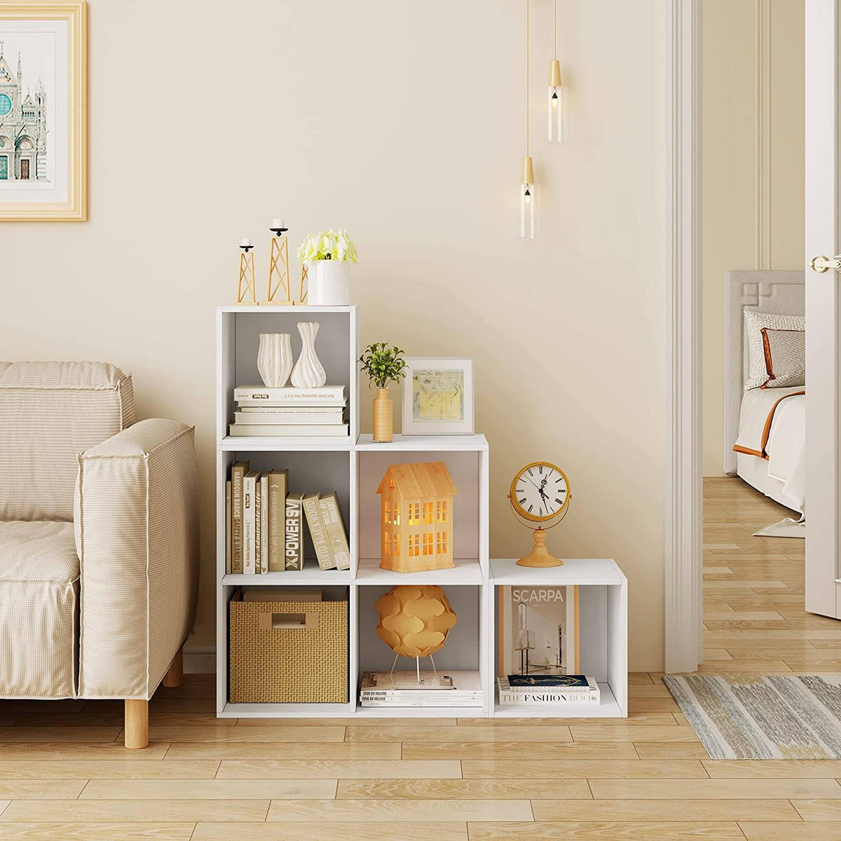 REGAL Bücherregal mit 6 Fächern, Stufenregal, 90x90x30 cm,Weiß - Weiß, Holzwerkstoff (90/90/30cm) - Woltu