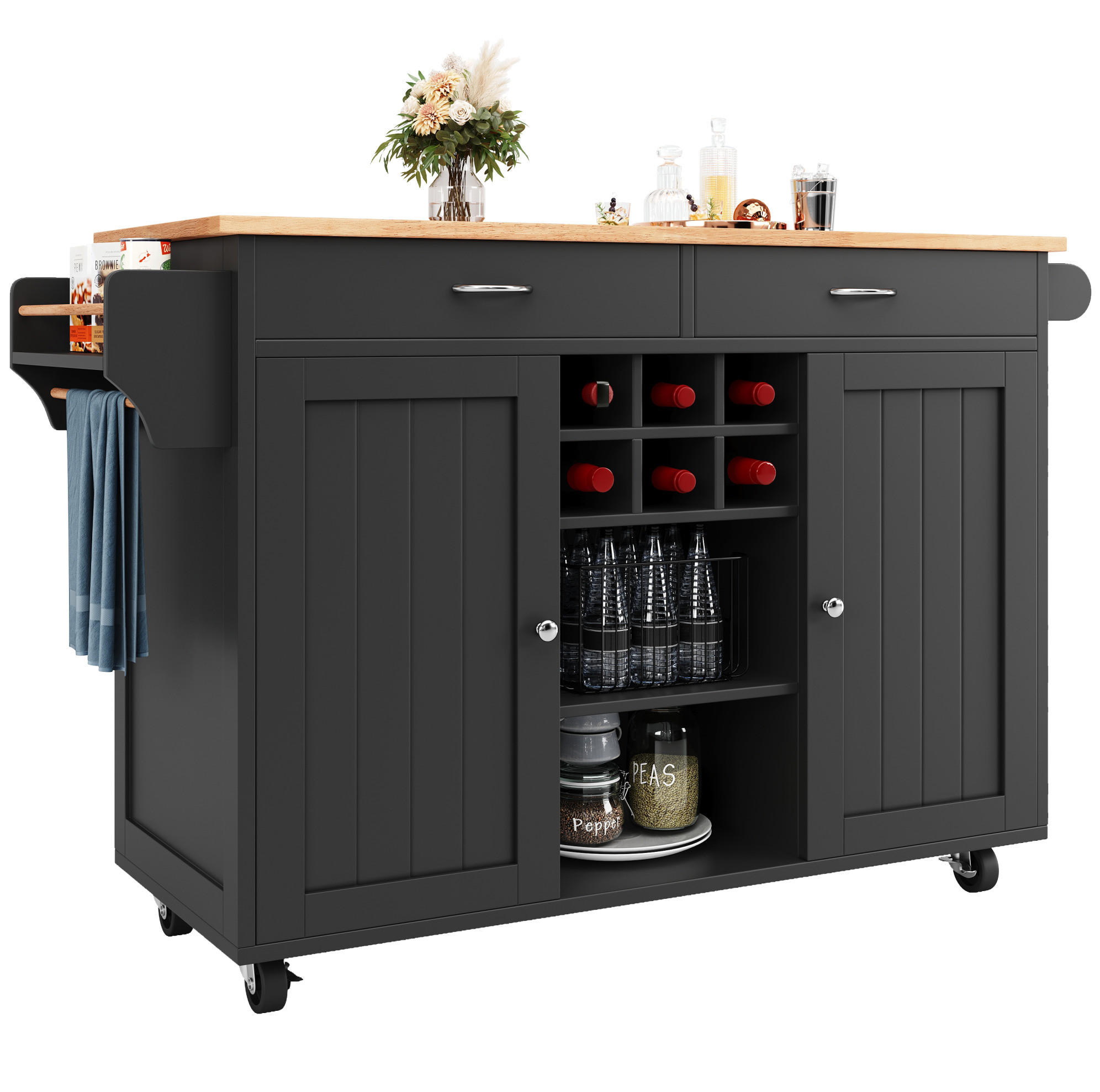 SERVIERWAGEN 102x45x92cm Schwarz mit Weinregal,Trennwänden & Lenkrollen - Schwarz, Holzwerkstoff (102/92/45cm) - Modfu