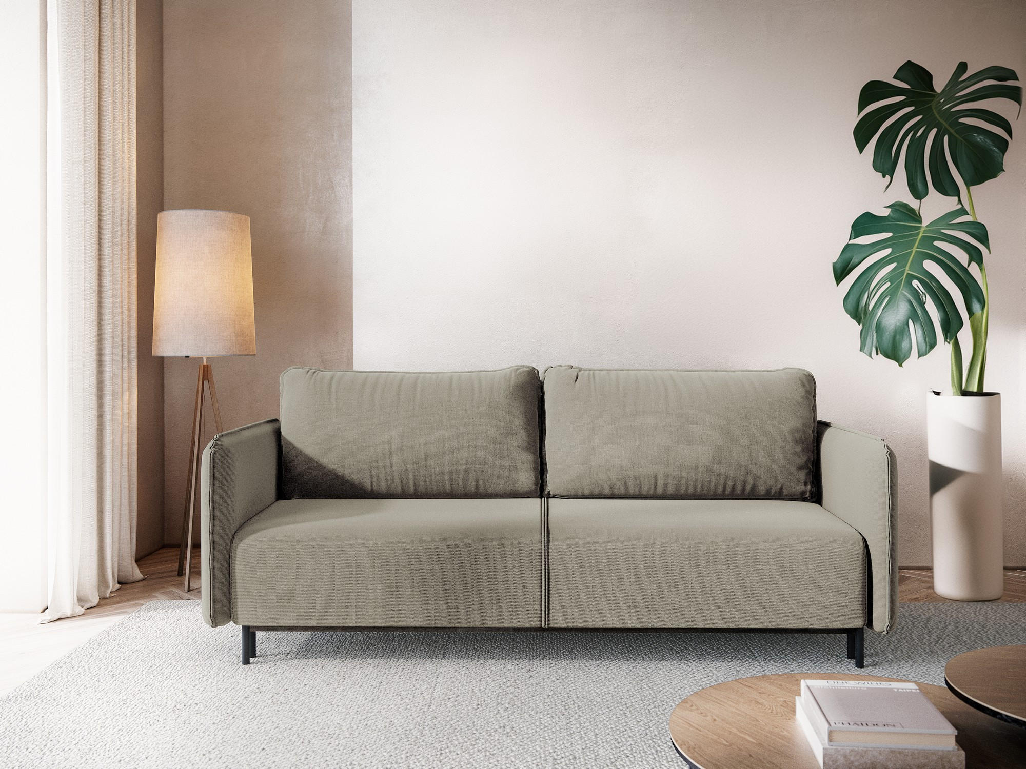 3-SITZER SOFA mit Schlaffunktion Strukturstoff Stoff Beige - Beige/Schwarz, Holz/Textil (226/90/92cm) - Makamii