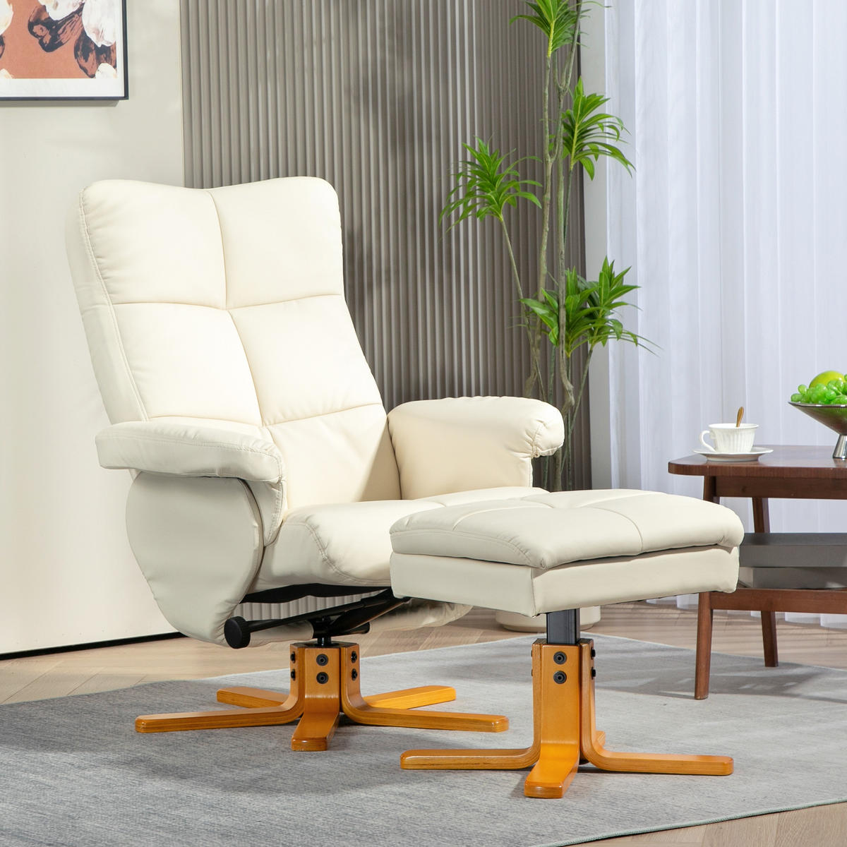 RELAXSESSEL mit Hocker, Stauraum, Fernsehsessel mit Liegefunktion, Cremeweiß - Creme/Braun, Holz/Kunststoff (86/99/80cm) - HOMCOM