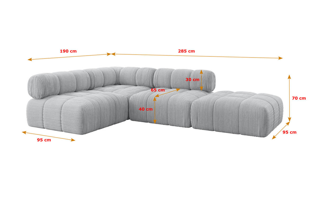 ECKSOFA modulares Sofa Favio-L1 - 285x190x70 cm Grau Cord - Grau, Holzwerkstoff/Textil (285/190cm) - ALTDECOR