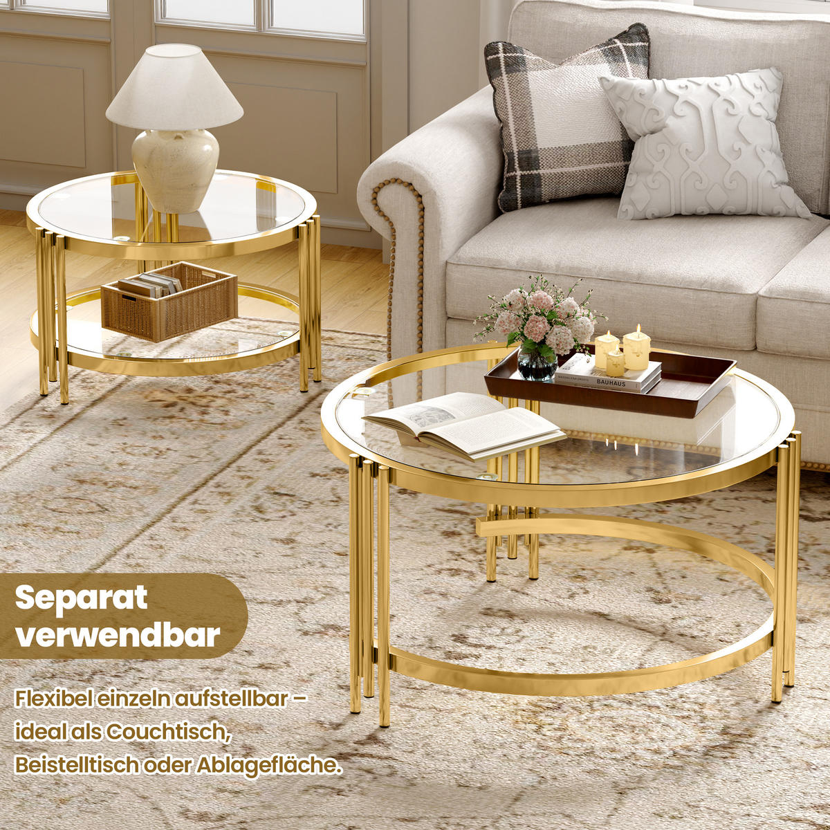 COUCHTISCH Wohnzimmertisch für couch Sofatisch mit abnehmbarer Tischplatte und Rutschfeste Saugnäpfe, bis 400 °C - Goldfarben, Glas/Metall (80/80/45cm) - STILVORA