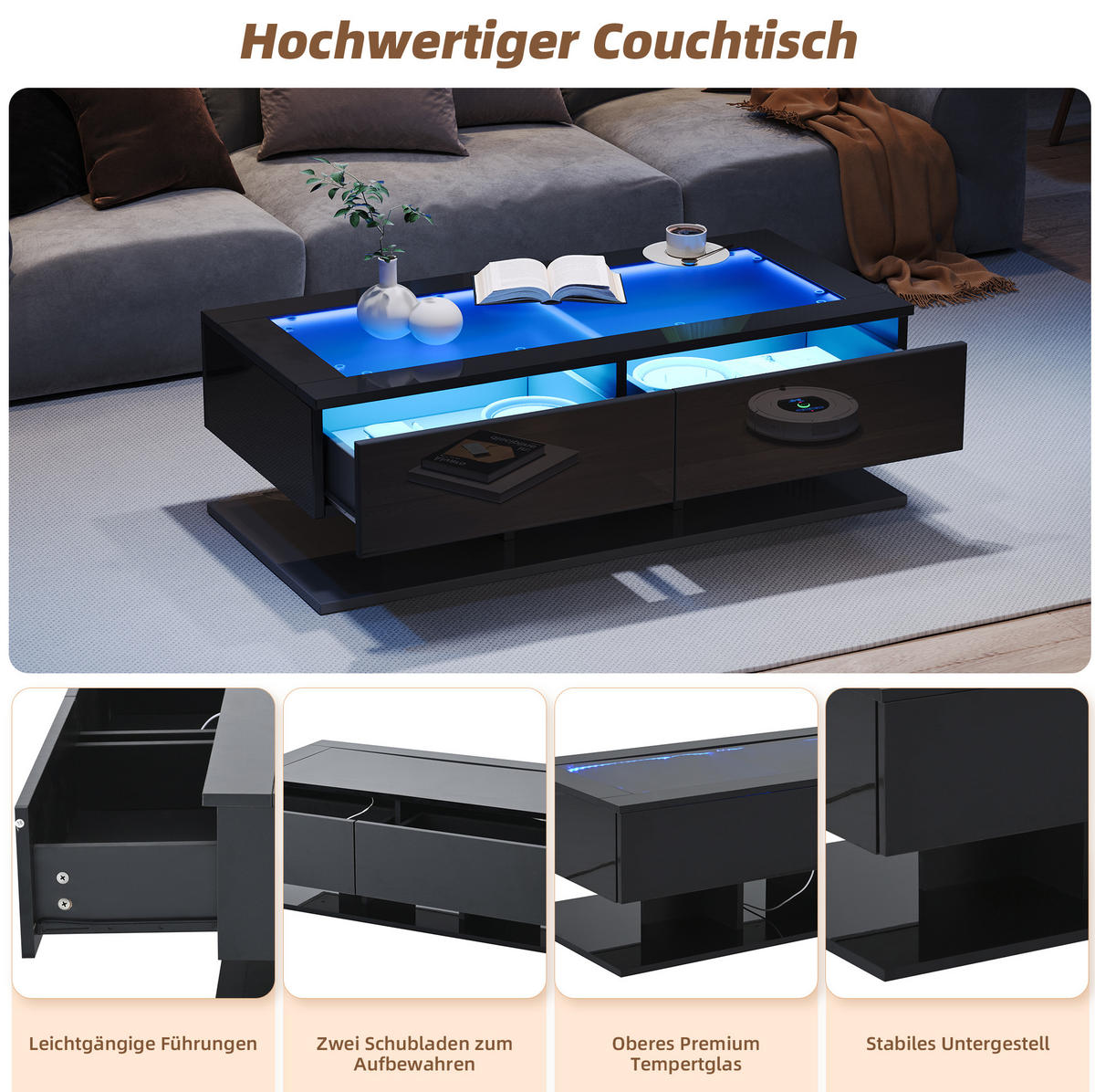 COUCHTISCH 100/50/35 cm in Schwarz mit LED-Beleuchtung und 2 Schubladen - Schwarz, Holzwerkstoff (100/50/35cm) - Flora Grace