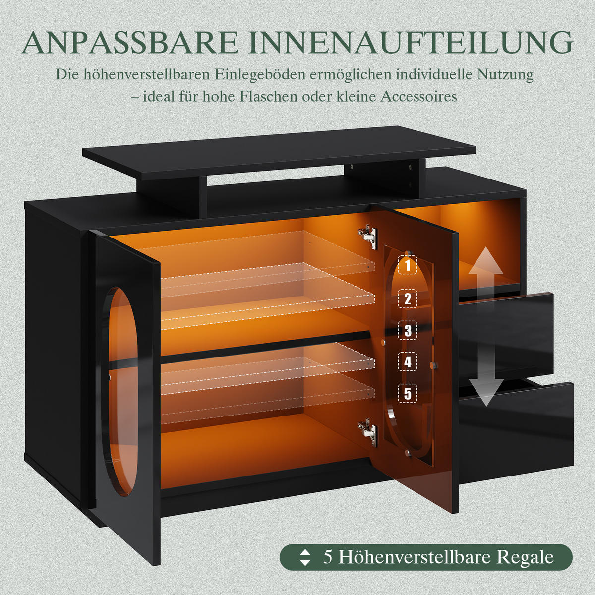 SIDEBOARD in Schwarz LED-Kommode, Hochglanzfront, mit LED Stauraum als Vitrine/Anrichte/Minibar Wohnräume B120/T40/H80cm - Schwarz, Holzwerkstoff/Metall (120/80/40cm) - STILVORA
