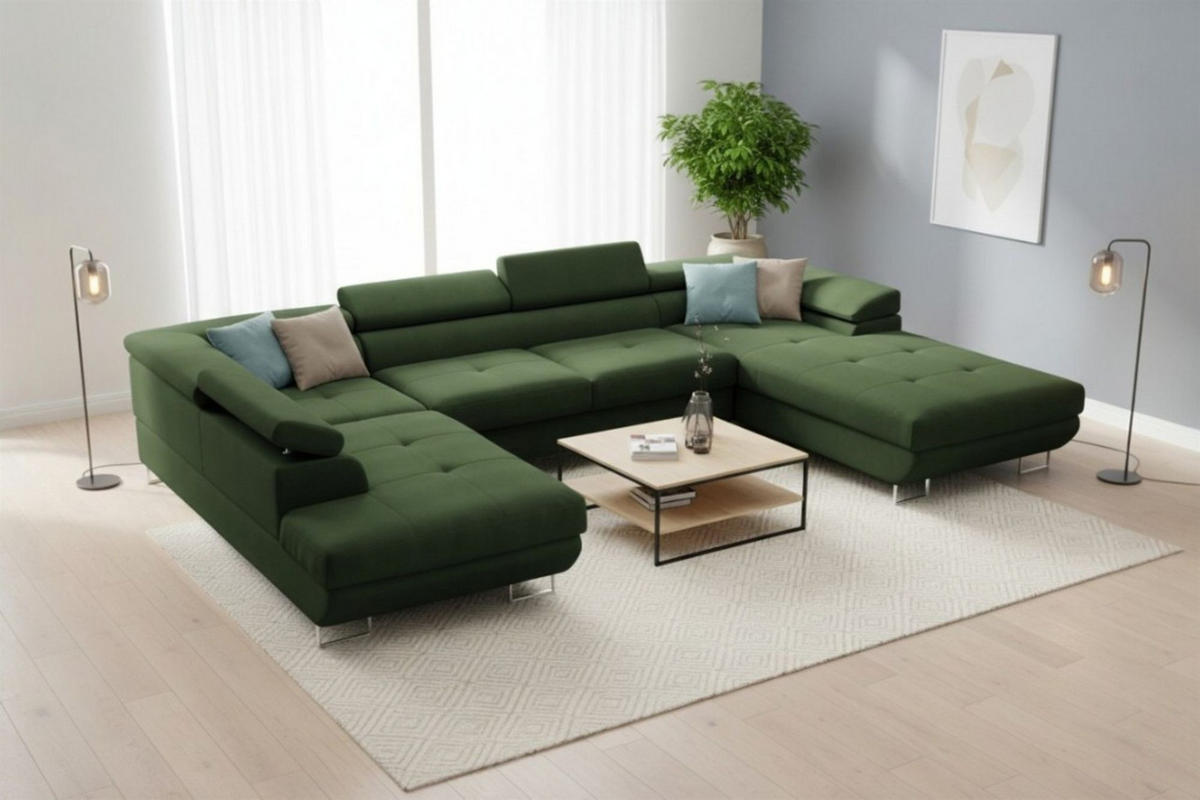 WOHNLANDSCHAFT Gianluca - Grün, Holzwerkstoff/Textil (345/90/205cm) - Fun Möbel