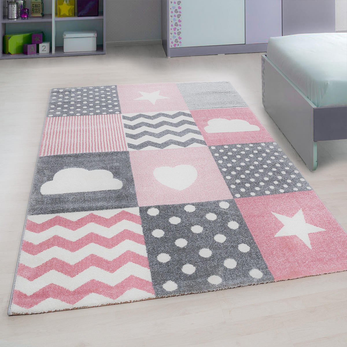 TEPPICH Kinder Herz Sterne Polypropylen saugroboter Kurzflor Kinderzimmer Pink Läufer 80x150 - Rosa, Textil (80/150cm) - KADIMA DESIGN