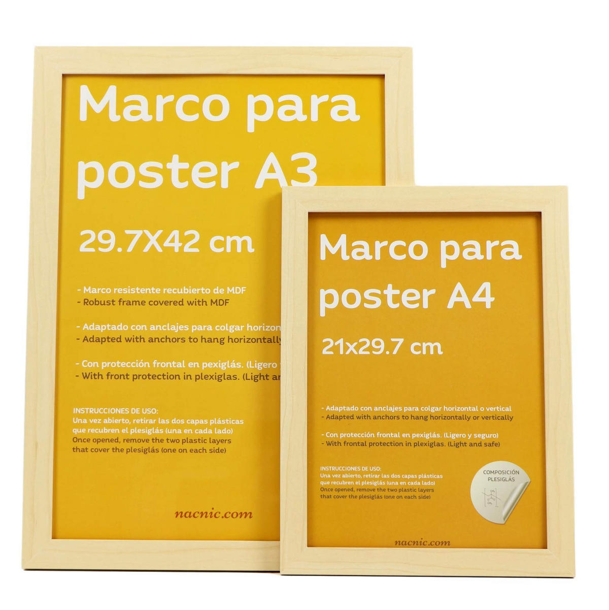 RAHMEN aus MDF und Acrylglas Schutz und Aussteller für Fotografien, Bilder, Poster, Gemälde, Dekoration für Haus Farbe Hellholz A4 - Beige, Holz (21/3/29.7cm) - Nacnic