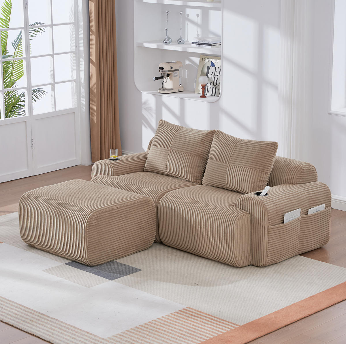 ECKSOFA 200/174/80 cm khaki aus Cord mit Cupholder und Seitentasche - Sandfarben, Textil (174/200cm) - OKWISH