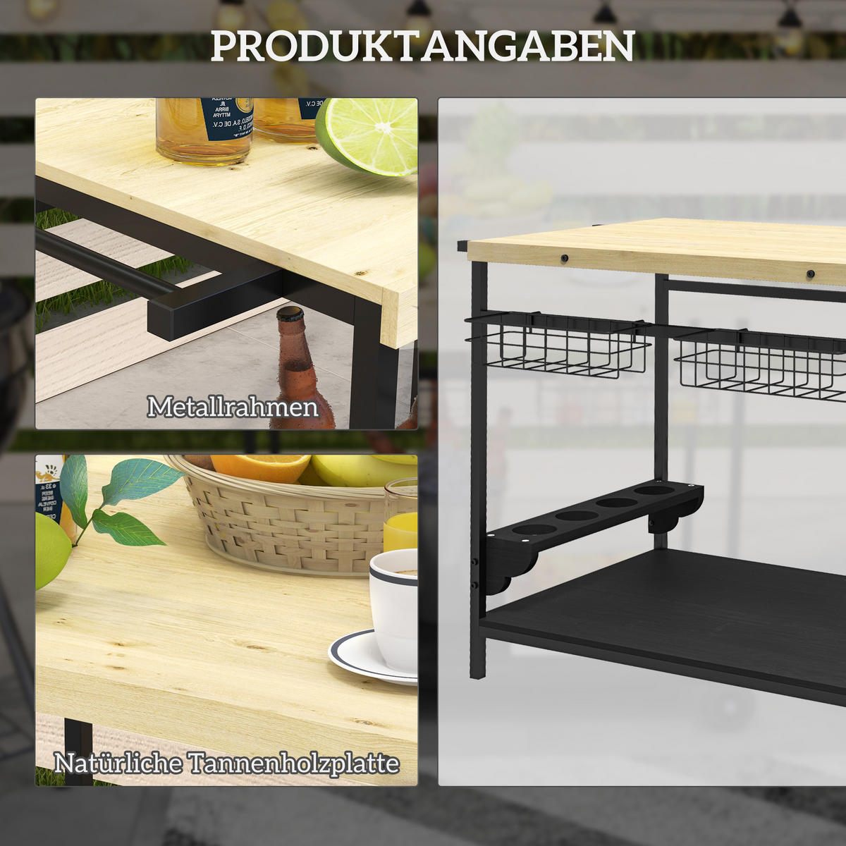 GARTENROLLWAGEN mit 2 Ebenen, mit Aufbewahrungskorb, mit Griff, Tanne, Natur - Fichtefarben, Holz/Metall (65/81/97.5cm) - Outsunny